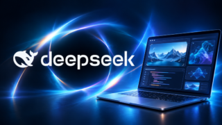 Havainnollistava montaasi, jossa on DeepSeekin valkoinen logo ja tavallinen tietokone abstrakteilla työkaluilla sinisen ja syaanin sävyissä.