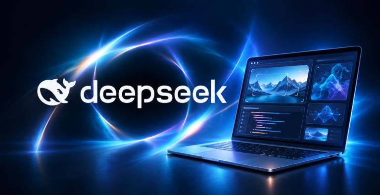 Havainnollistava montaasi, jossa on DeepSeekin valkoinen logo ja tavallinen tietokone abstrakteilla työkaluilla sinisen ja syaanin sävyissä.