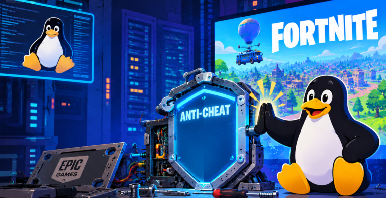 Toimituksellinen kuvitus, jossa esiintyvät Linux-pingviini Tux, Fortnite-kuvastoa ja huijauksenestokilpi.