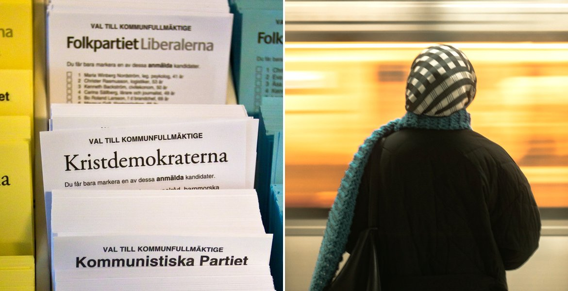 Keltaisia, valkoisia ja sinisiä äänestyslippuja telineessä ja taustalla huivipäinen nainen selin junan luona.