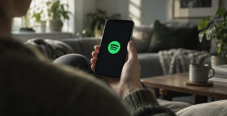Olkapään yli kuvattu kuvitus henkilöstä pitelemässä älypuhelinta, jonka näytöllä näkyy Spotifyn logo.