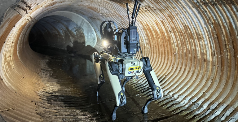 Cerberus-robottikoira kameroineen, sensoreineen ja antenneineen aaltopeltitunnelissa, jonka pohjalla on vettä.