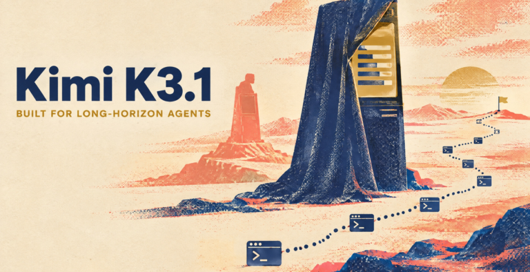 Kuvitus, jossa on ”Kimi K3.1” -teksti, korkea laivastonsininen rakennelma ja pistemäinen polku terminaalisymboleita kermanvärisellä pohjalla.