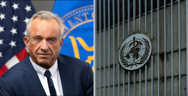 Montaasi, jossa vasemmalla on Robert F. Kennedy Jr.:n virallinen muotokuva ja oikealla WHO:n tunnus sen Geneven päämajassa
