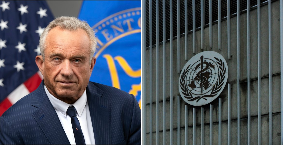 Montaasi, jossa vasemmalla on Robert F. Kennedy Jr.:n virallinen muotokuva ja oikealla WHO:n tunnus sen Geneven päämajassa