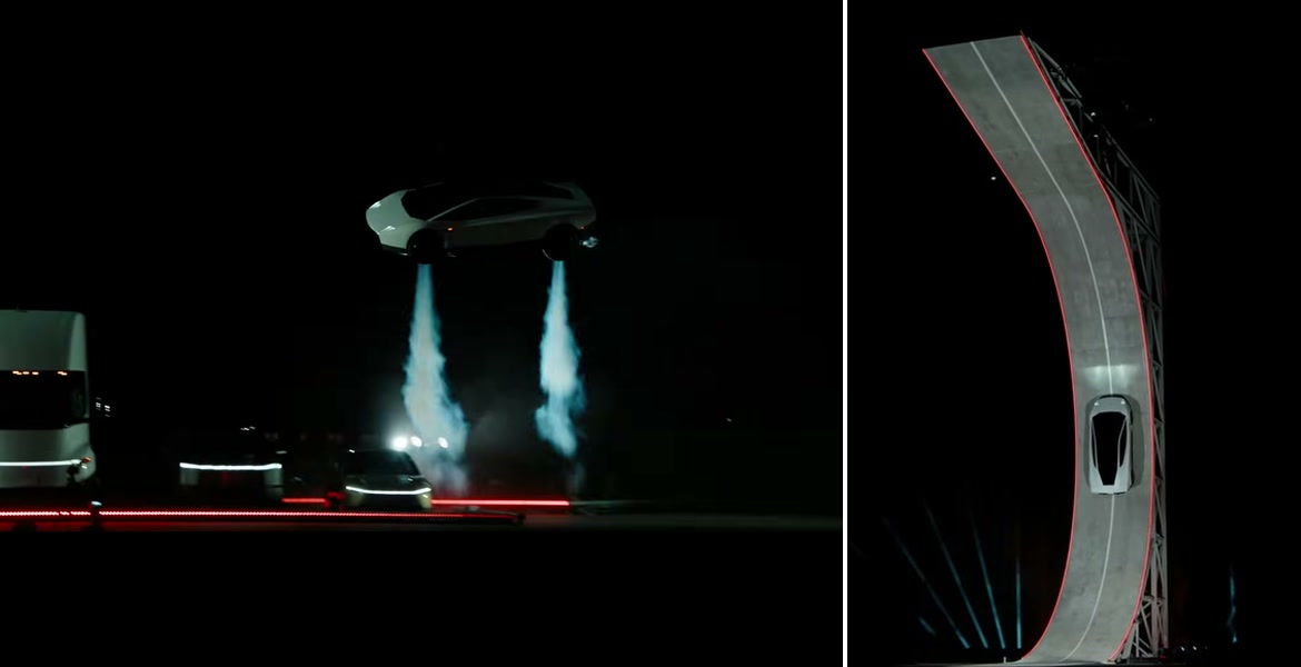 Vasemmalla Tesla Roadster ilmassa Teslan automalliston, mukaan lukien Semi-kuorma-auton, yläpuolella; oikealla auto kiipeämässä pystysuoraan korkeaa ramppia pitkin.