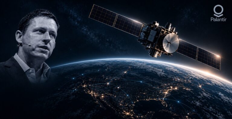 Peter Thiel vasemmalla, kuvitettu havaintosatelliitti maan horisontin yläpuolella oikealla ja Palantirin logo.