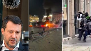Kolmiosainen kollaasi, jossa on vasemmalla Matteo Salvini, keskellä tulta ja savua ja oikealla ihmisiä kaupan ulkopuolella.